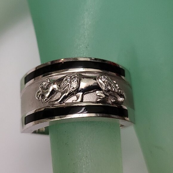 Men 14k White Gold Leopard Cat Enamel Diamond Ring